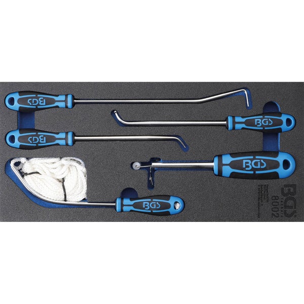 BGS technic Scheibenausbau-Werkzeug-Satz in schwarzer Schaumstoffeinlage mit blau-schwarzen Griffen, verschiedenen Haken und Schneidedraht.