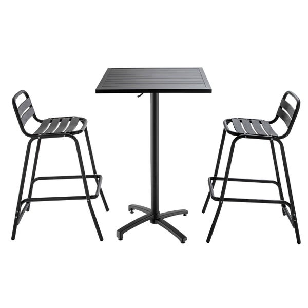 Schwarzer quadratischer Stehtisch aus Metall mit Lattendesign und Kreuzfuß.