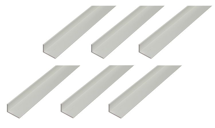 Sechs Aluminium Winkelprofile als L-Profil, vielseitig einsetzbare Metallprofile für Konstruktionen.