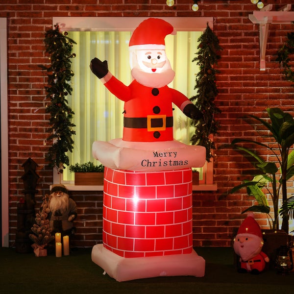 HOMCOM Aufblasbar Weihnachtsdeko, mit Schornstein, LED-Beleuchtung, 80L x 70B x 210H cm, Polyester, Mehrfarbig