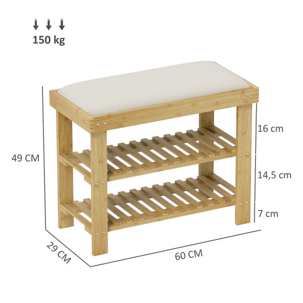 HOMCOM Schuhbank mit Sitzfläche, Bambus Sitzbank mit Stauraum, Schuhregal mit 2 offene Fächer, Sitzbank, Bank, Garderobenbank für Wohnzimmer, Flur, 60 x 29 x 49 cm Cremeweiß