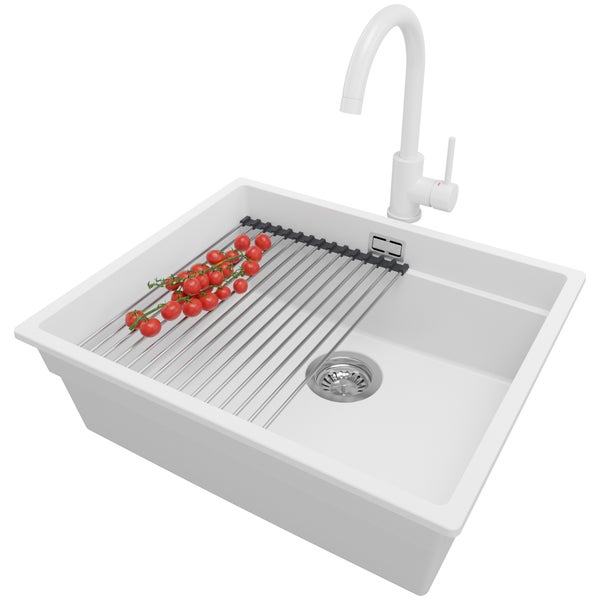 PRIMAGRAN Unterbauspüle Granit Weiß 56x47cm, Spülbecken 1 Becken + Küchenarmatur 32x20cm + Ablauf-Set + Aufrollbare Abtropffläche, Granitspüle ab 60er Unterschrank - Praga