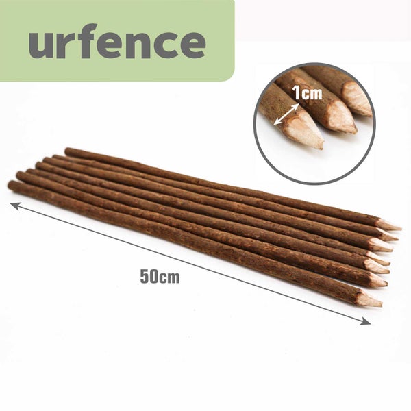urfence Logo, Haselnussstäbe für Zäune, 50 Zentimeter Länge und 1 Zentimeter Durchmesser, mit angespitzten Enden.