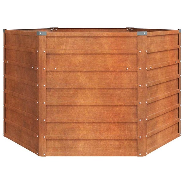 Sechseckiges Hochbeet aus Cortenstahl mit horizontalen Paneelen und sichtbaren Nieten.