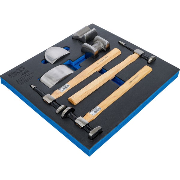 7-teiliger Ausbeul-Satz in Schaumstoffeinlage mit drei Hämmern aus Hickoryholz und vier verschiedenen Ausbeulfaust-Modellen von BGS technic.