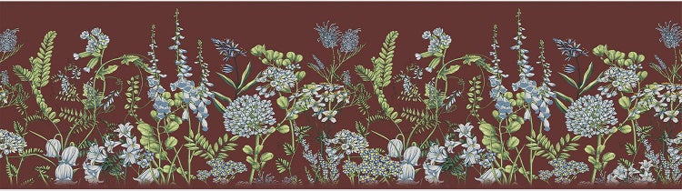 Tapetenbordüre mit botanischen Illustrationen von verschiedenen Wildblumen und Farnen.