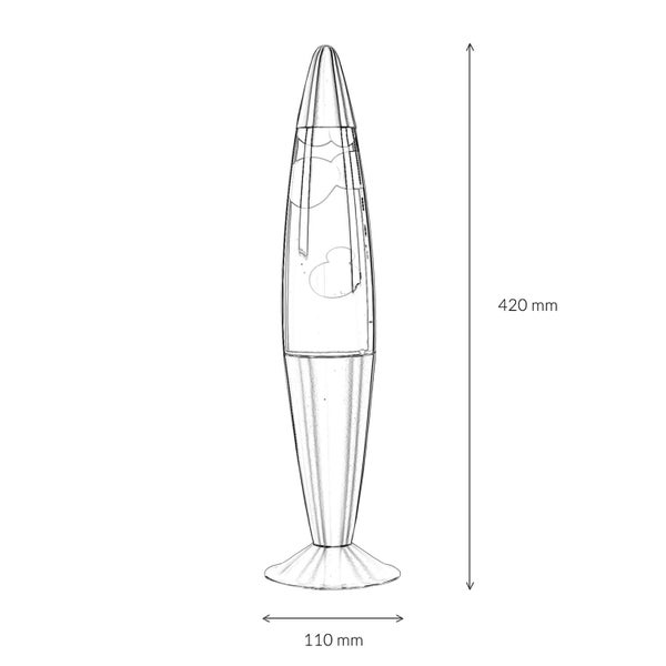 Skizze einer Lavalampe mit den Maßen 420 mm Höhe und 110 mm Durchmesser.