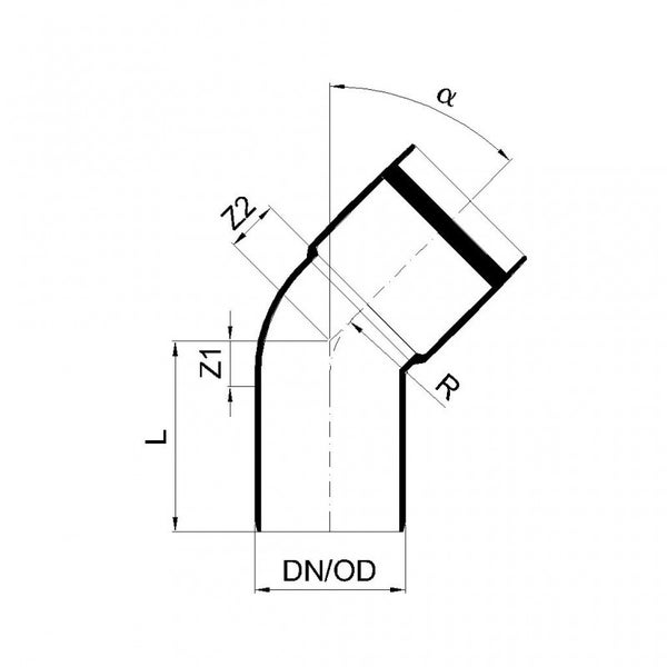 Technische Zeichnung eines Rohrbogens mit Maßangaben für Länge, Nennweite, Radius und Winkel.