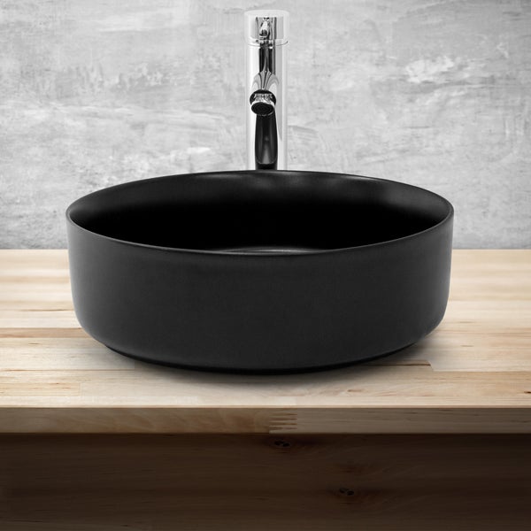 ML-Design Waschbecken aus Keramik in Schwarz matt Ø 360 x 120 mm, Runde Aufsatzwaschbecken, Moderne Waschtisch, Waschschale mit Abflussloch, Waschplatz Handwaschbecken, für Badezimmer / Gäste-WC
