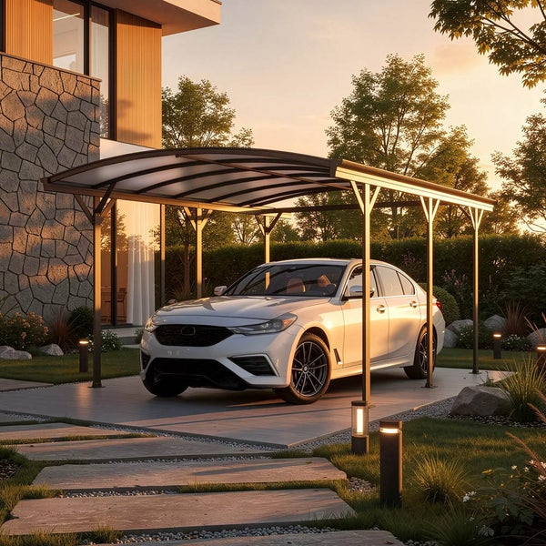 Freistehendes Carport mit gebogenem Dach aus Metall und Polycarbonat in einem modernen Garten mit weißem Auto.