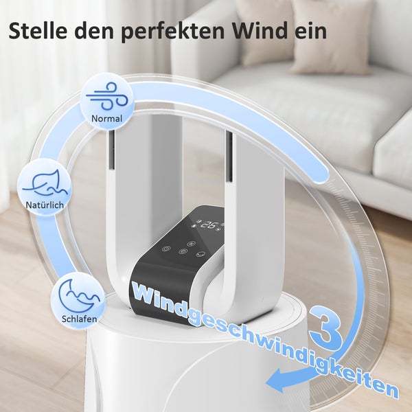 Blattloser Ventilator mit digitalem Display, 3 Windgeschwindigkeiten und Modi für normal, natürlich und Schlafen.