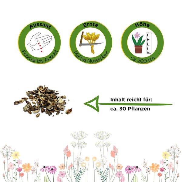 Informationen zu Pflanzensamen: Aussaat Februar bis August, Ernte Mai bis November, Höhe circa 200 Zentimeter, Inhalt für circa 30 Pflanzen.