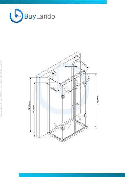 Technische Zeichnung einer Duschkabine mit Maßangaben
