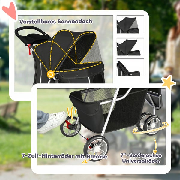 Hundebuggy mit verstellbarem Sonnendach und Netzeinsatz, 7-Zoll-Hinterrädern mit Bremse und schwenkbaren 7-Zoll-Vorderrädern.