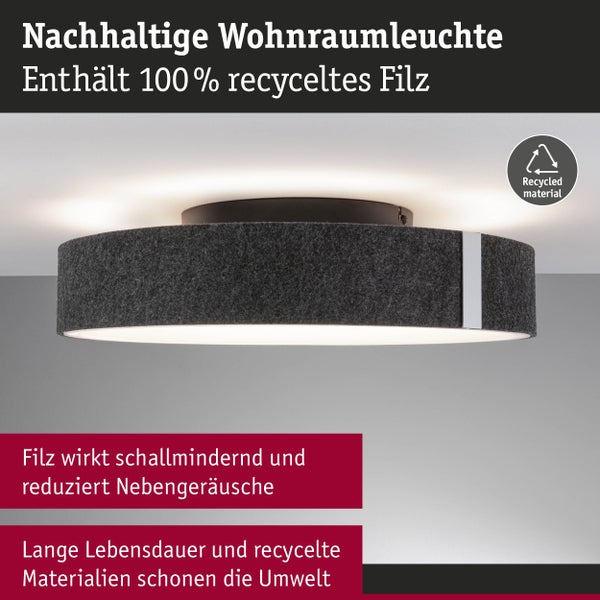 Nachhaltige Deckenleuchte aus einhundert Prozent recyceltem Filz. Schallmindernd und langlebig. Symbol für recyceltes Material.