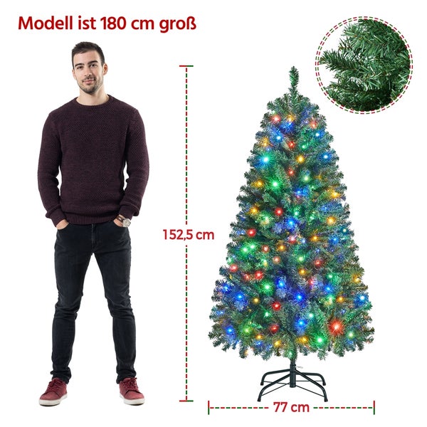 Abbildung eines beleuchteten künstlichen Weihnachtsbaums mit Maßangaben und einer Person zum Größenvergleich.