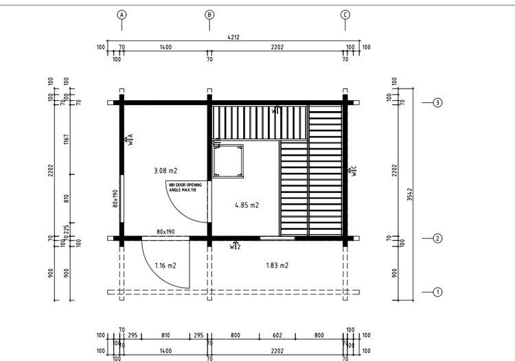 Grundrisszeichnung eines Gebäudes mit Maßangaben in Millimeter, Raumgrößen in Quadratmeter und Türpositionen.
