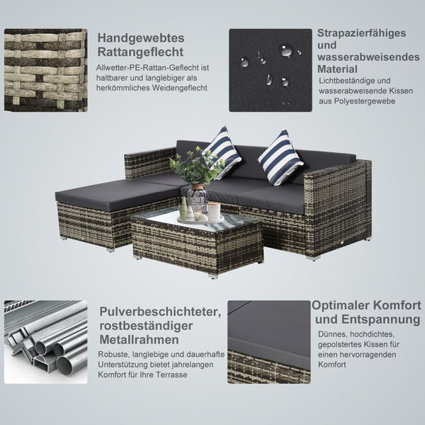 Outsunny 5-tlg. Polyrattan Gartenmöbel Set Gartengarnitur Garten-Set Sitzgruppe Loungeset Loungemöbel mit Beistelltisch Kissen Grau