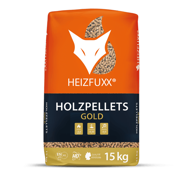 15 Kilogramm Sack Heizfuxx Holzpellets Gold, ENplus A1 zertifiziert, hohe Heizleistung, Qualität aus Deutschland.