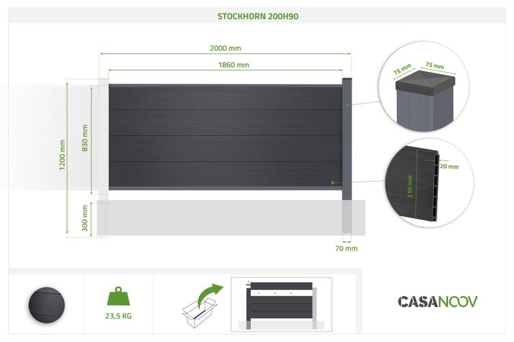 Technische Zeichnung dunkelgrauer Gartenzaun STOCKHORN 200H90, Breite 2000 Millimeter, Höhe 1200 Millimeter, Gewicht 23,5 Kilogramm.