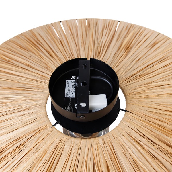 Wandleuchte mit rundem Lampenschirm aus Naturfasern, Detailaufnahme der schwarzen Montagehalterung und Verkabelung.