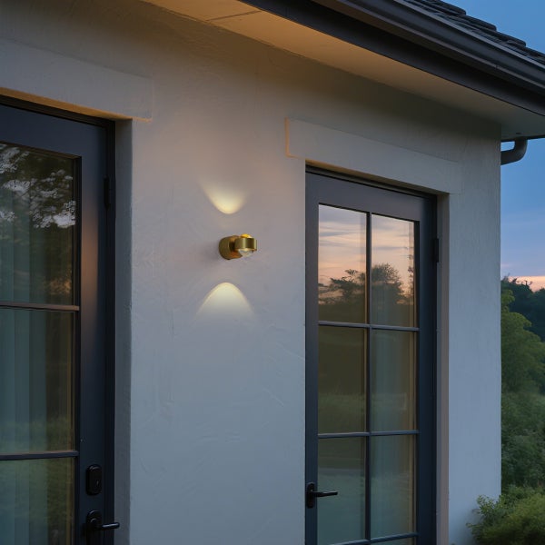 Goldene Außenwandleuchte an einer Hauswand zwischen zwei Fenstertüren