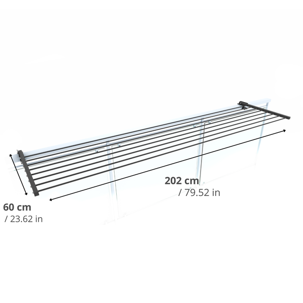 Wäschetrockner zur Wandmontage mit den Maßen 60 cm mal 202 cm.
