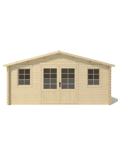 Gartenhaus aus Holz mit Doppeltür und zwei Fenstern in Blockbohlenbauweise