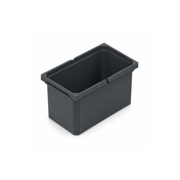 Rechteckige Aufbewahrungsbox aus Kunststoff in Grau mit Tragegriffen.