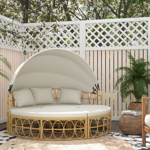 Outsunny Sonneninsel, 4-tlg. Muschel Gartenmöbel-Set mit klappbarem Verdeck, Zweisitzer, Bank, Couchtisch, Gartenlounge Set, Sitzgruppe für Outdoor, Creme