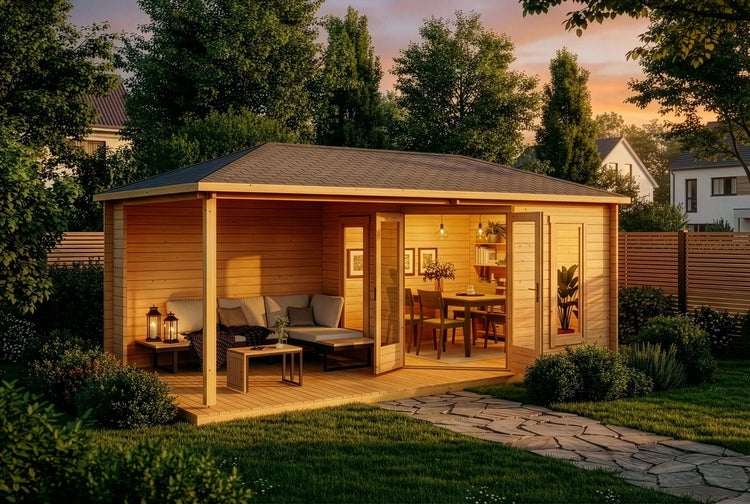 Holzgartenhaus mit Terrasse, Möbeln und Essbereich in einem hellen Garten