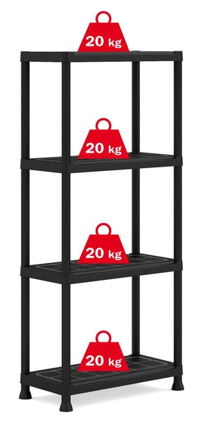 Kunststoffregal mit vier Fachböden, jeder Boden hat eine Tragkraft von 20 Kilogramm.