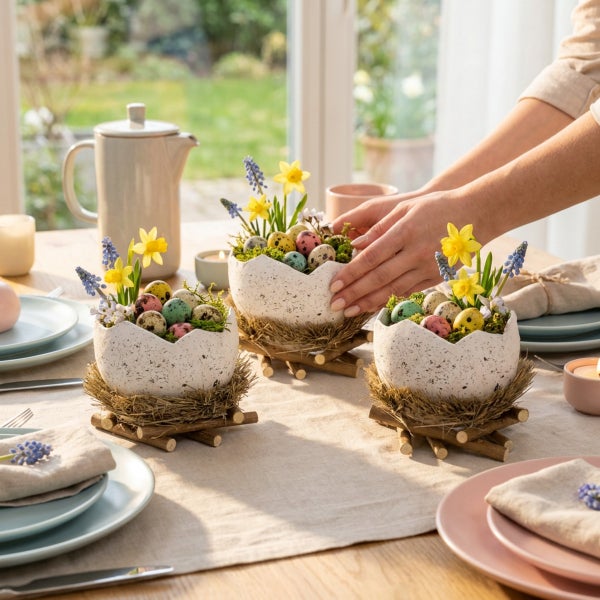 Osterdekoration mit drei Eierschalen als Pflanzgefäße gefüllt mit Frühlingsblumen und Wachteleiern auf einem gedeckten Tisch.