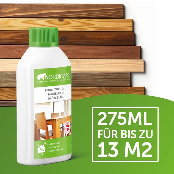 Nordicare Möbelöl [275ml] Holzöl zur Pflege farblos für Eiche, Buche, Nussbaum, Lärche. Holzlasur auf Basis von Leinöl. Leinölfirnis