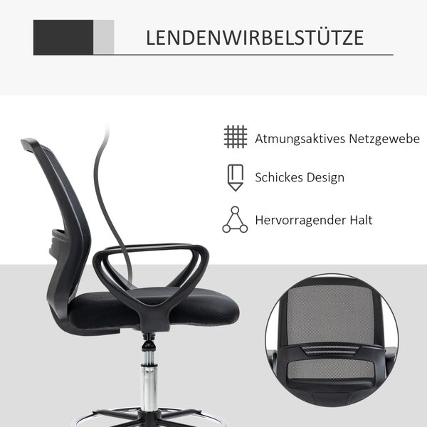 Vinsetto, Arbeitsstuhl, Ergonomischer Drehstuh, L59,5 x T60 x H102,5–126 cm, Netzgewebe, Schwarz