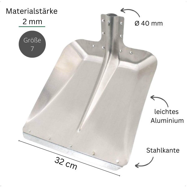 Schneeschaufel Blatt aus Aluminium Größe 7 mit 32 Zentimeter Breite, 2 Millimeter Materialstärke und einer Stahlkante zur Stielaufnahme 40 Millimeter