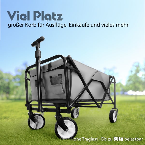 BigDean Bollerwagen faltbar grau belastbar bis 80kg – Bollerwagen platzsparend zusammenklappbar für Ausflüge, Camping & Einkäufe
