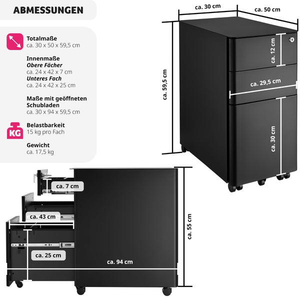 Aktenrollschrank tectake Parvus 30 x 50 x 59,5 cm aus pulverbeschichtetem Stahl schwarz