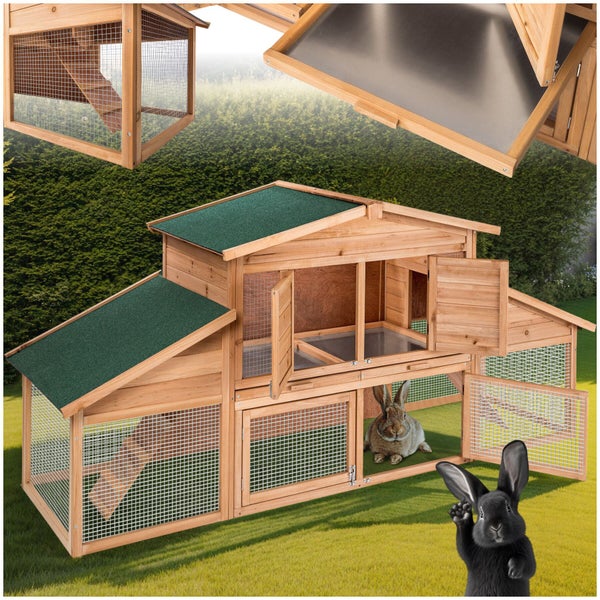 Großes, zweistöckiges Kaninchenhaus aus Holz mit Freilaufgehege, zwei Ebenen und Dach mit Bitumenbeschichtung für den Garten.