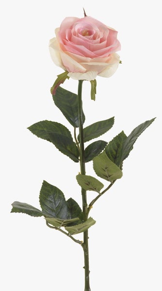 Künstliche Rose mit rosafarbener Blüte und grünem Stiel mit Blättern