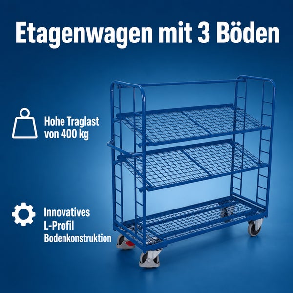 Etagenwagen mit drei Gitterböden und einer Traglast von 400 Kilogramm sowie einer innovativen L-Profil Bodenkonstruktion.