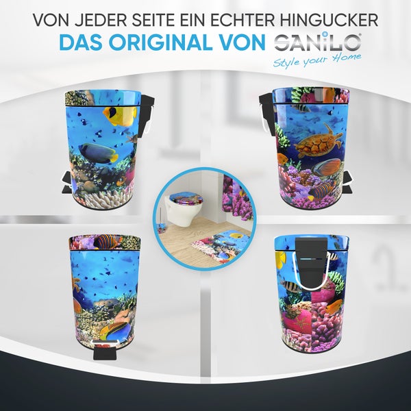 Sanilo Tretabfalleimer mit Unterwasser-Motiv in verschiedenen Ansichten und als Teil einer Badezimmereinrichtung.