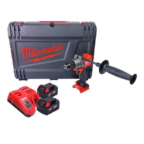 Milwaukee Akku-Schlagbohrschrauber Set 18 Volt inklusive zwei Akkus, Ladegerät, Zusatzhandgriff und Transportkoffer. Milwaukee Logo.
