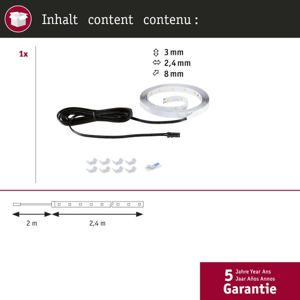 Lieferumfang LED-Streifen-Set: 2,4 Meter LED-Band, 2 Meter Anschlusskabel, Montageclips, Klebepad und 5 Jahre Garantie.