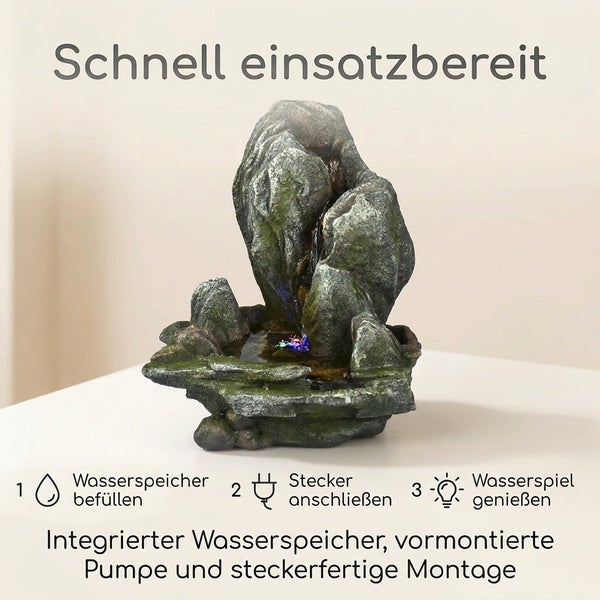 Zimmerbrunnen in Steinoptik mit integriertem Wasserspeicher und Beleuchtung zur einfachen Montage und Inbetriebnahme.