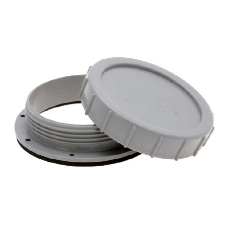 Reinigungsöffnung aus grauem Kunststoff mit Schraubdeckel und Flansch für Abwasserrohre.