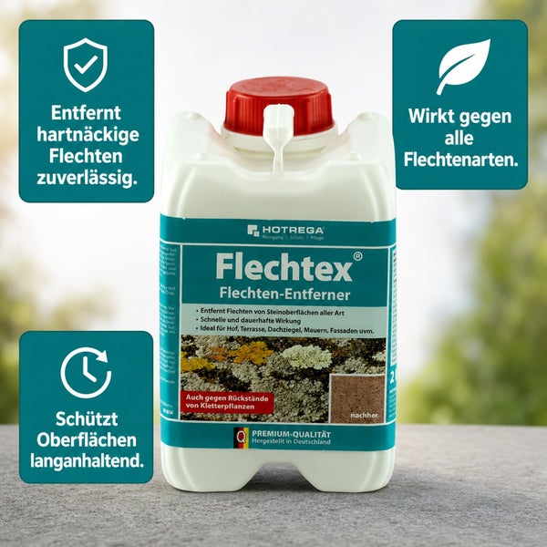 Hotrega Flechtex Flechtenentferner in einer Kunststoffflasche zur Entfernung von Flechten auf Stein und Fassaden.