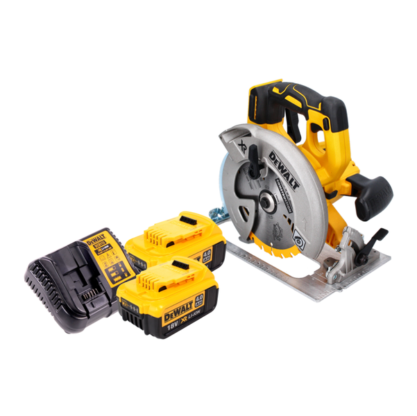 DeWalt Akku-Handkreissäge mit zwei 18 Volt Lithium-Ionen-Akkus und einem Ladegerät.