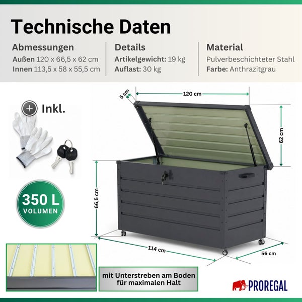 Technische Daten der Gartenbox aus Stahl, Volumen 350 Liter, Maße 120 mal 66,5 mal 62 Zentimeter, inklusive Handschuhe und Schloss, Proregal Logo.