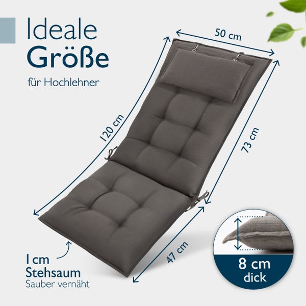 Gepolsterte Auflage mit Kopfkissen für Hochlehner, Abmessungen: 50 x 120 x 73 cm, Stehsaum 1 cm, Dicke 8 cm.